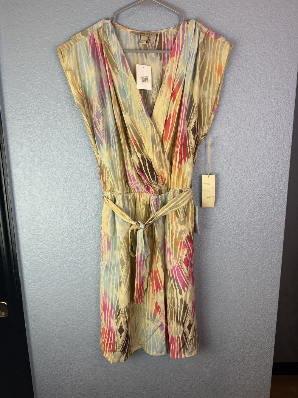 Presley Skye Dress Womens Medium Maize Green Silk Ikat Print Belted Lined NWT